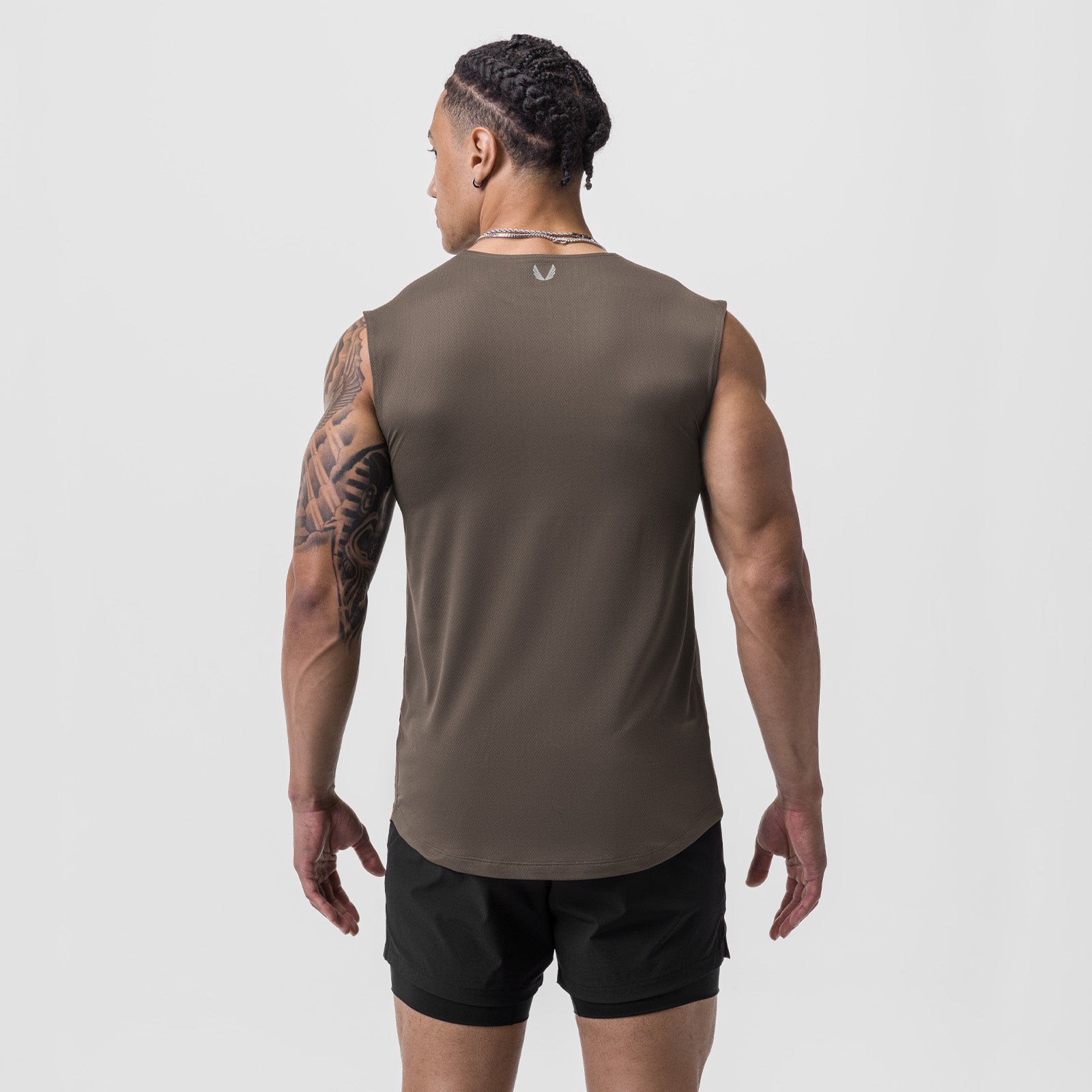 AeroSilver® Cutoff Tank in Deep Taupe, worn by male model, back view