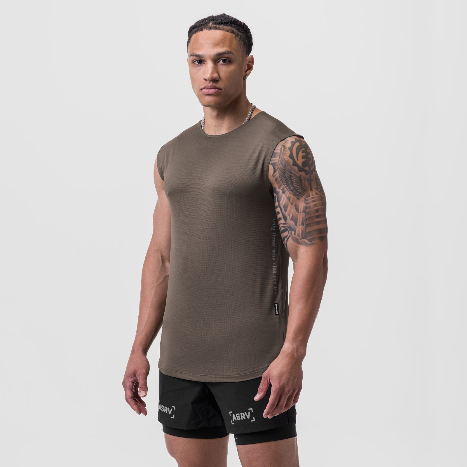 AeroSilver Cutoff Tank in deep taupe, worn by model, front view