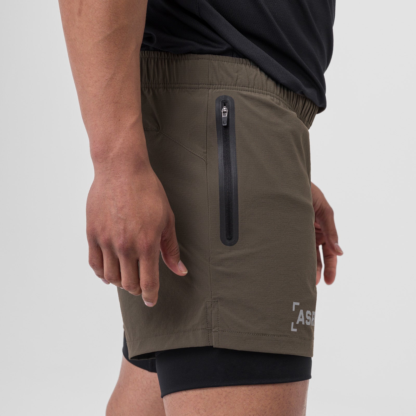 Ripstop 5" Liner Short in deep taupe worn by model, side view