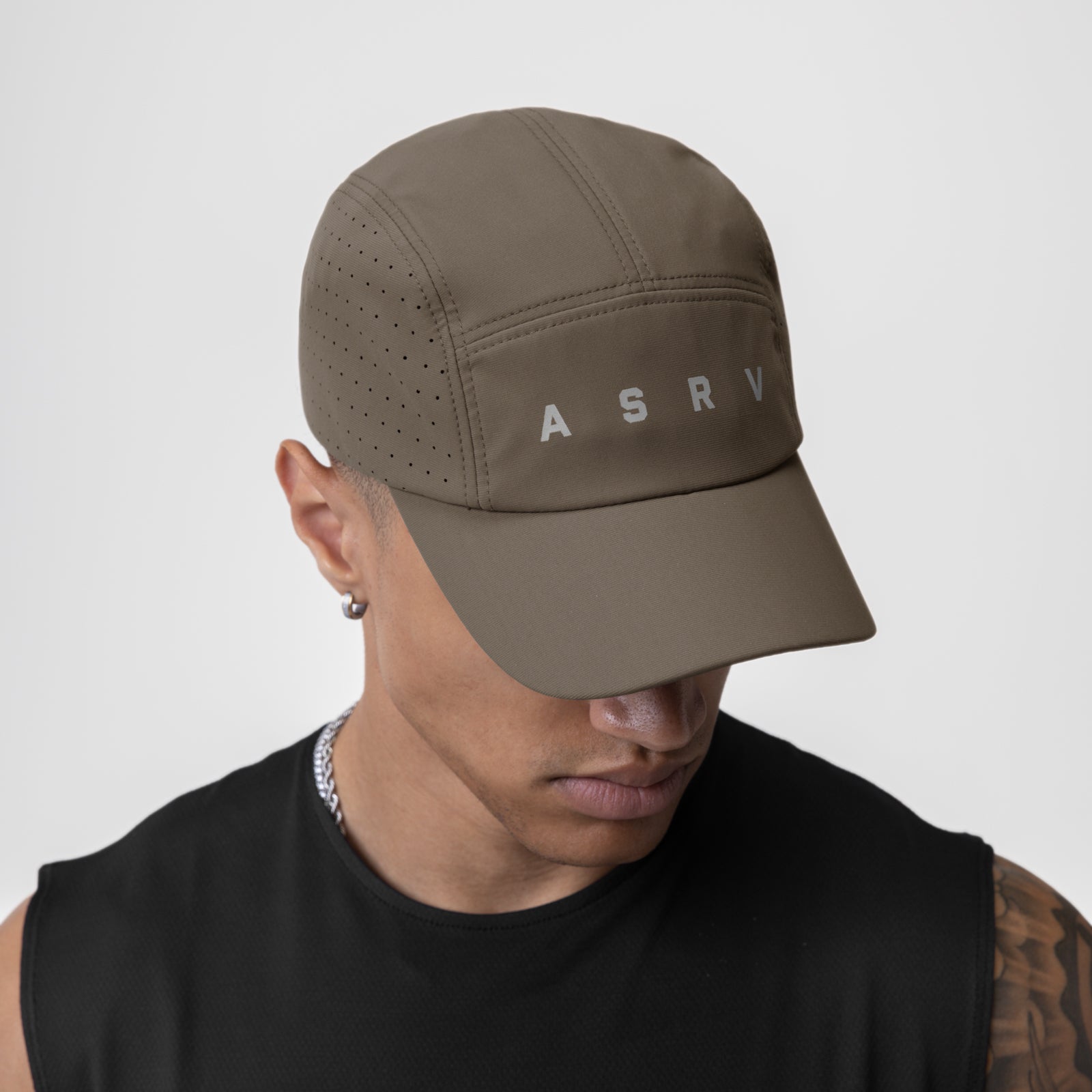 Tetra-Lite Lightweight Vented Hat in Deep Taupe, worn by model, side view