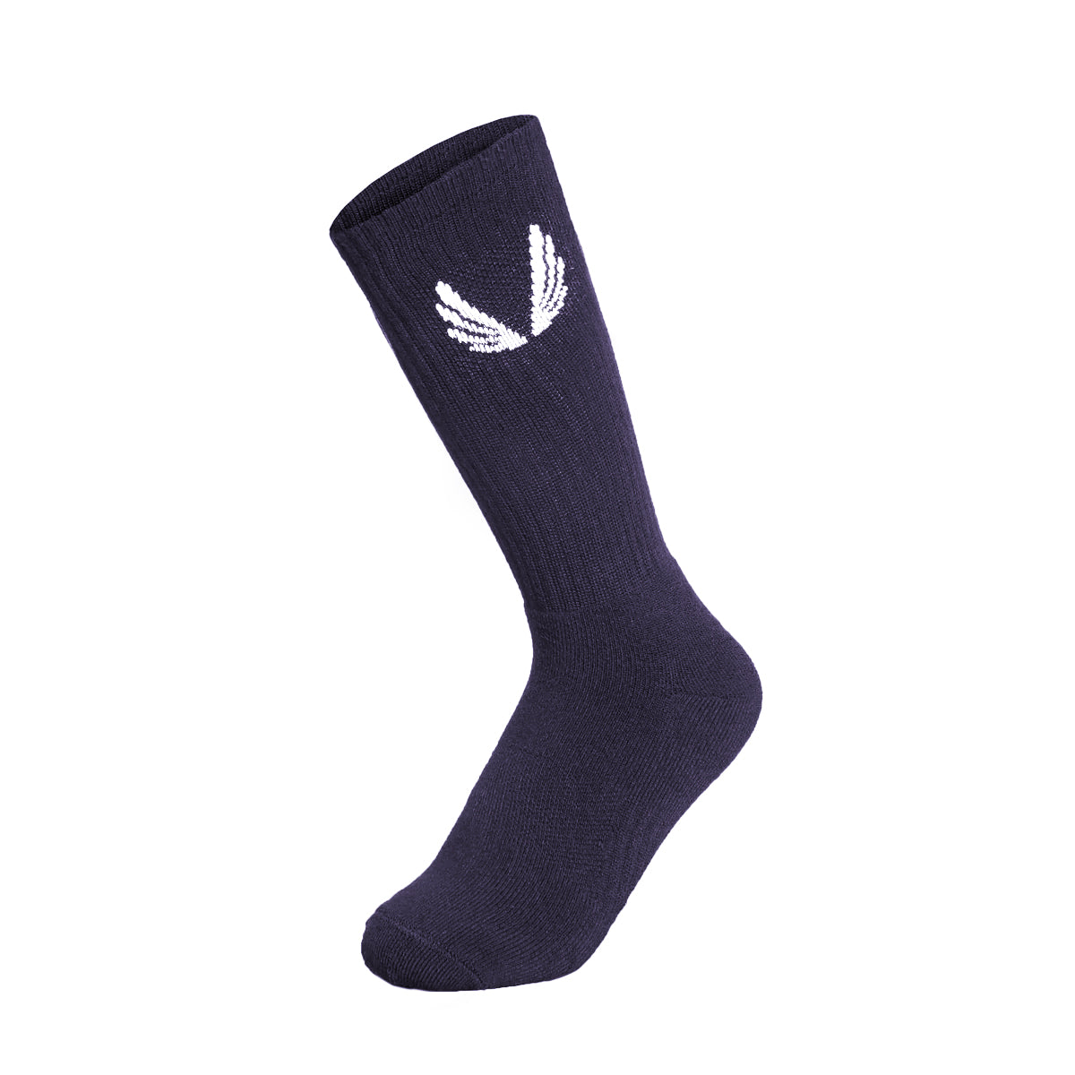 Flatlay of Essential Crew Socks in navy with white logo, front view