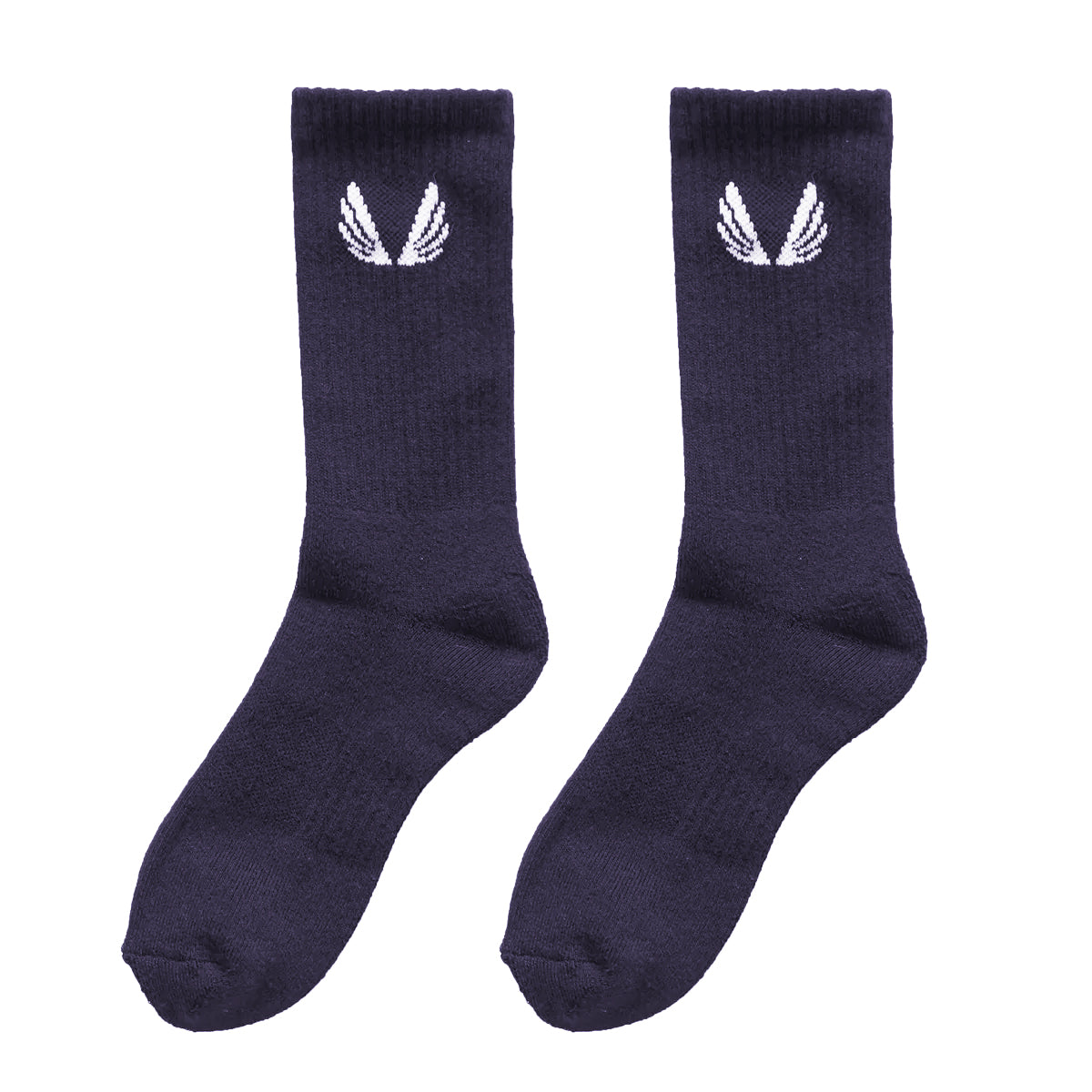 Flatlay of Essential Crew Socks in navy with white winged logo, front view