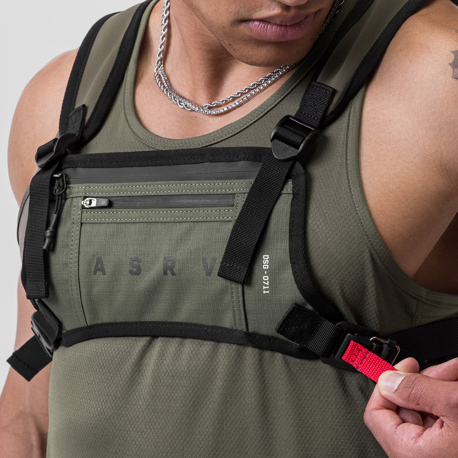 0711 Cordura Lightweight Chest Pack in Olive, worn by model