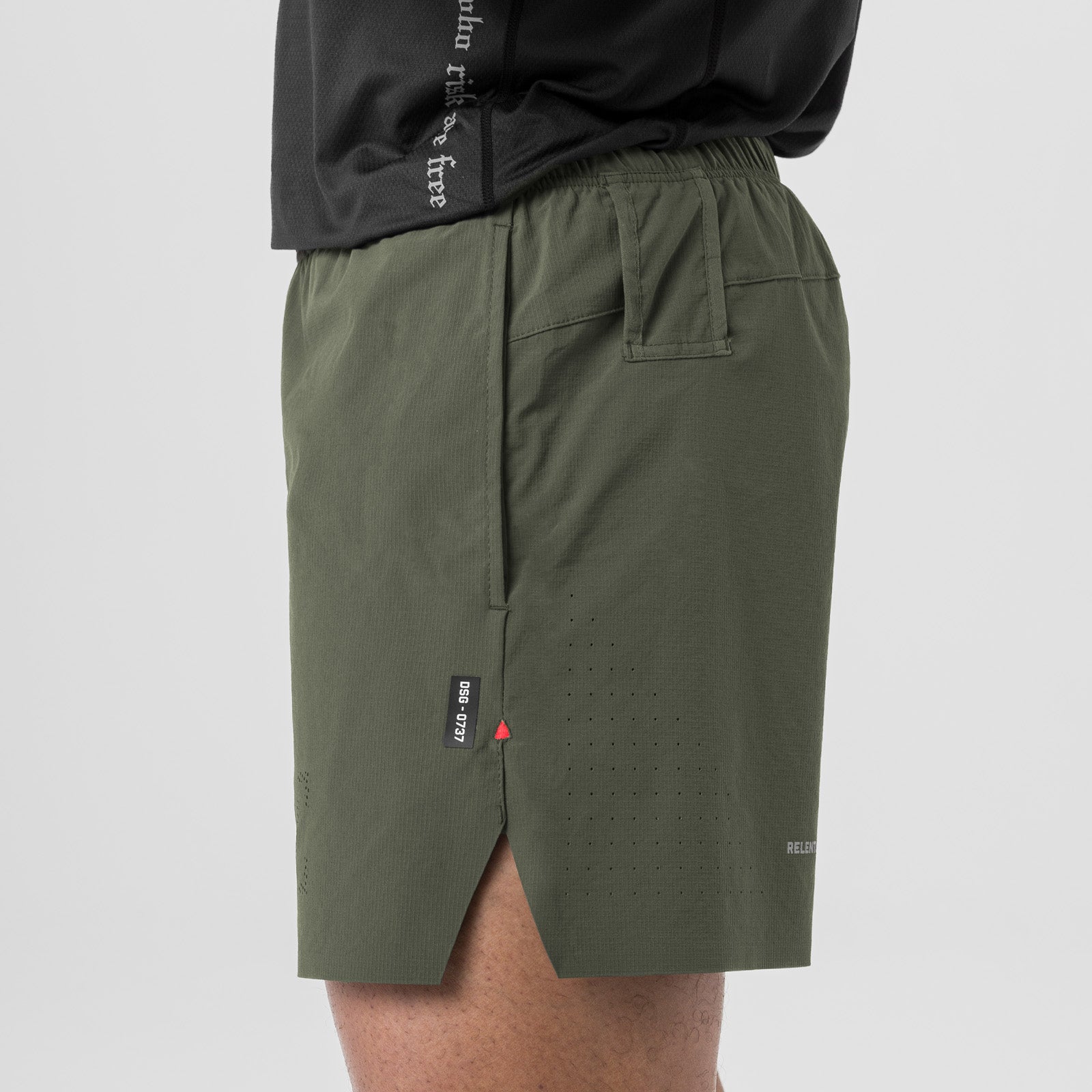 Ripstop 6" Perforated Short in olive worn by model, side view