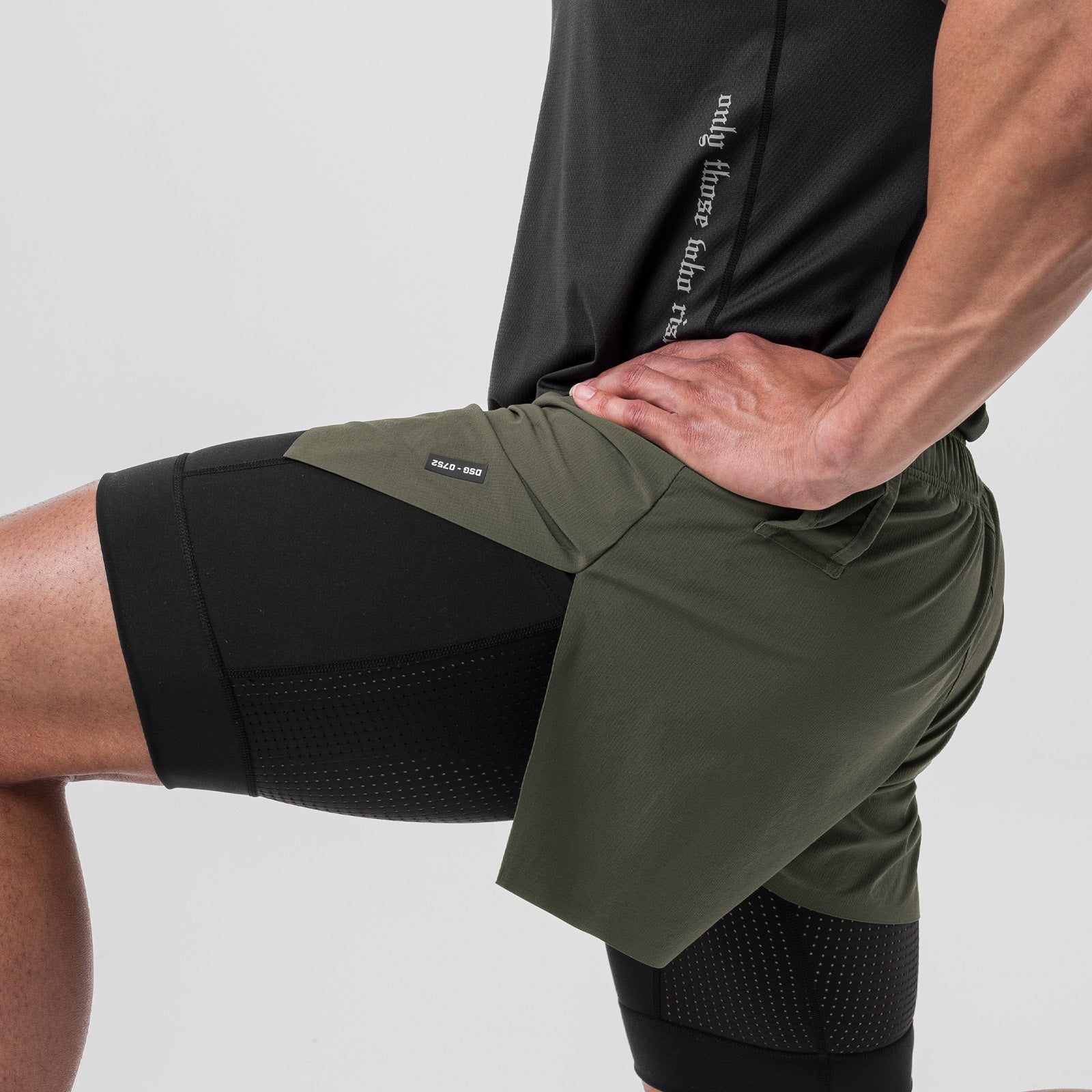 Ripstop 3" High Split Liner Short in Olive/Black, worn by model showing side view