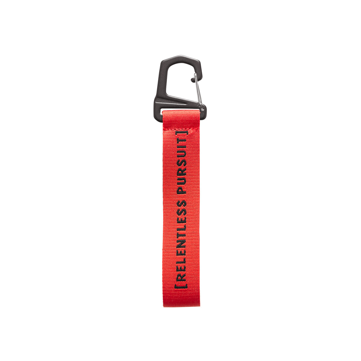 flatlay Relentless Pursuit Mini Lanyard in red with black carabiner clip, front view