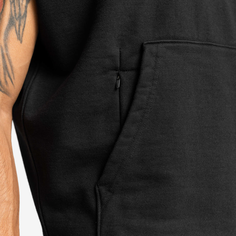 0610. French Terry Raw Hem Cutoff Hoodie - Black