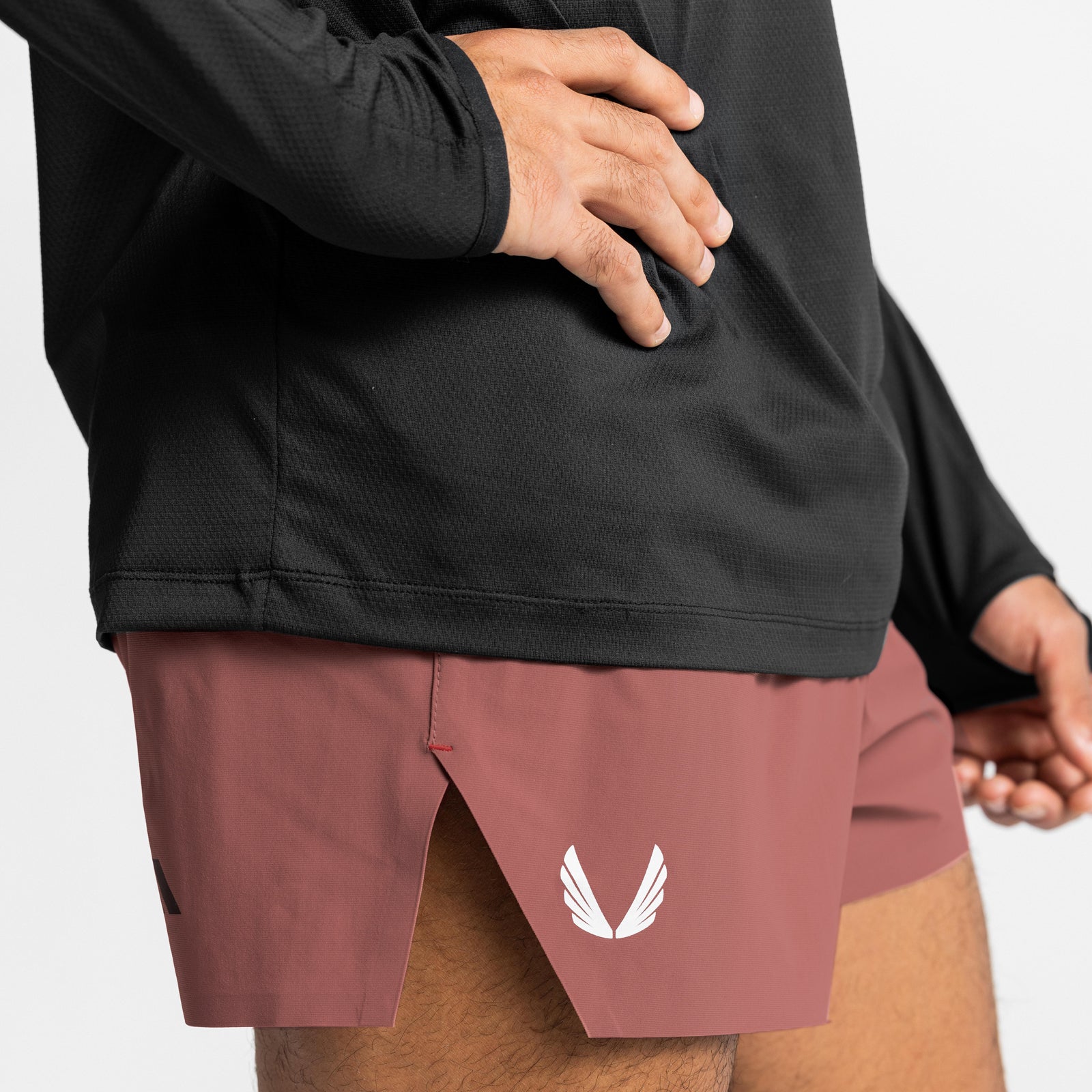 Tetra-Lite Laser Cut 3" Short in canyon rose, modeled on person