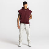 0610. French Terry Raw Hem Cutoff Hoodie - Crimson Red
