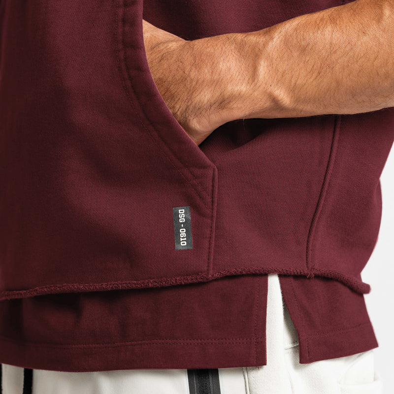 0610. French Terry Raw Hem Cutoff Hoodie - Crimson Red