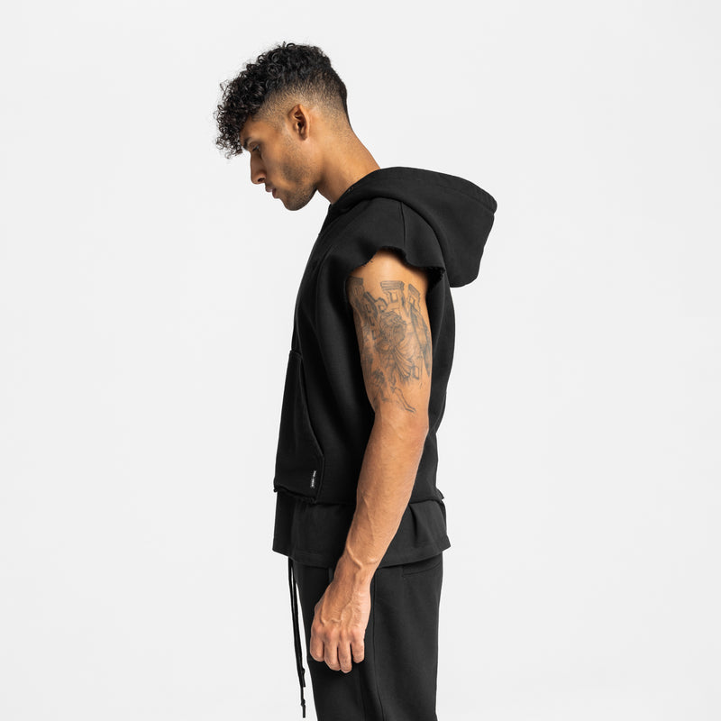 0610. French Terry Raw Hem Cutoff Hoodie - Black
