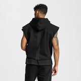 0610. French Terry Raw Hem Cutoff Hoodie - Black