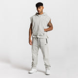 0610. French Terry Raw Hem Cutoff Hoodie - Stone