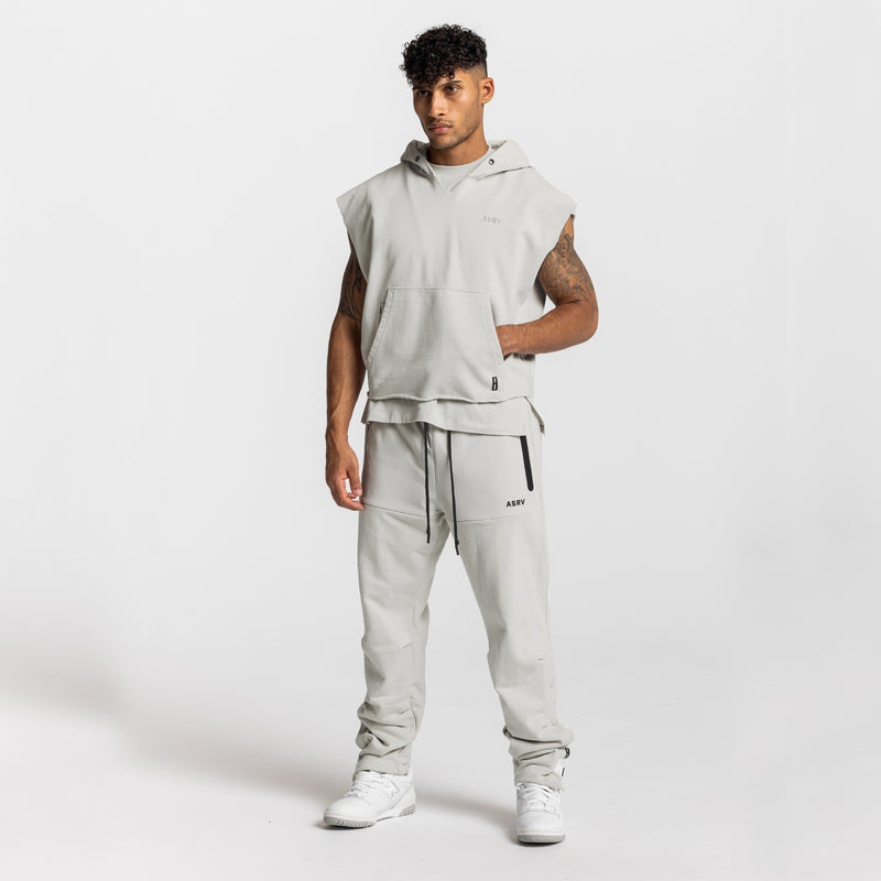 0610. French Terry Raw Hem Cutoff Hoodie - Stone