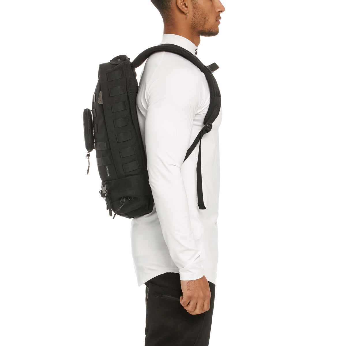 0275 Modular Everyday Pack in black, side view worn by male model