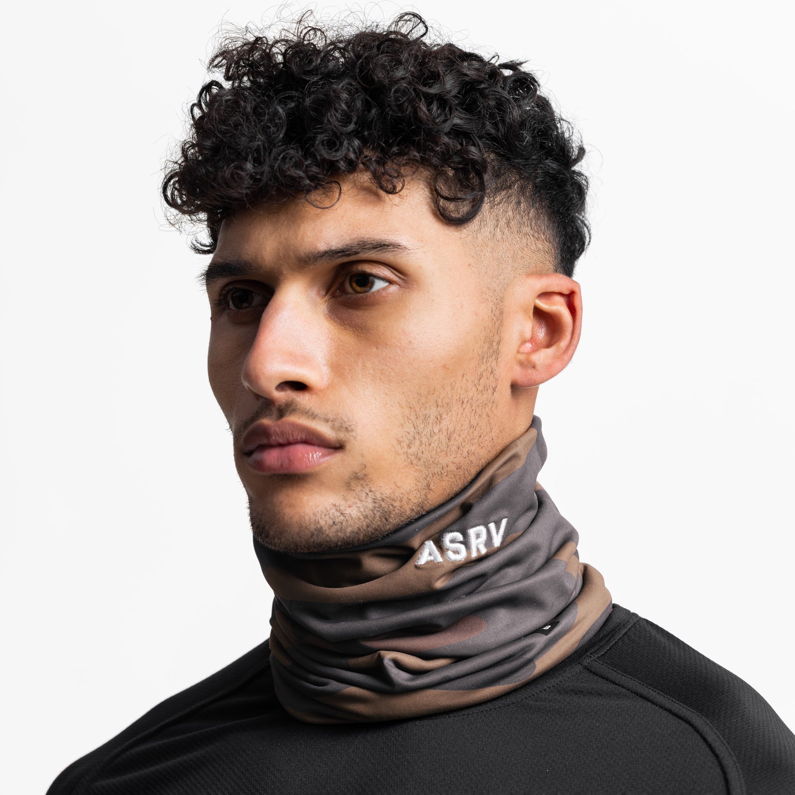 Thermal Gaiter in rust camo worn by male model, side profile view