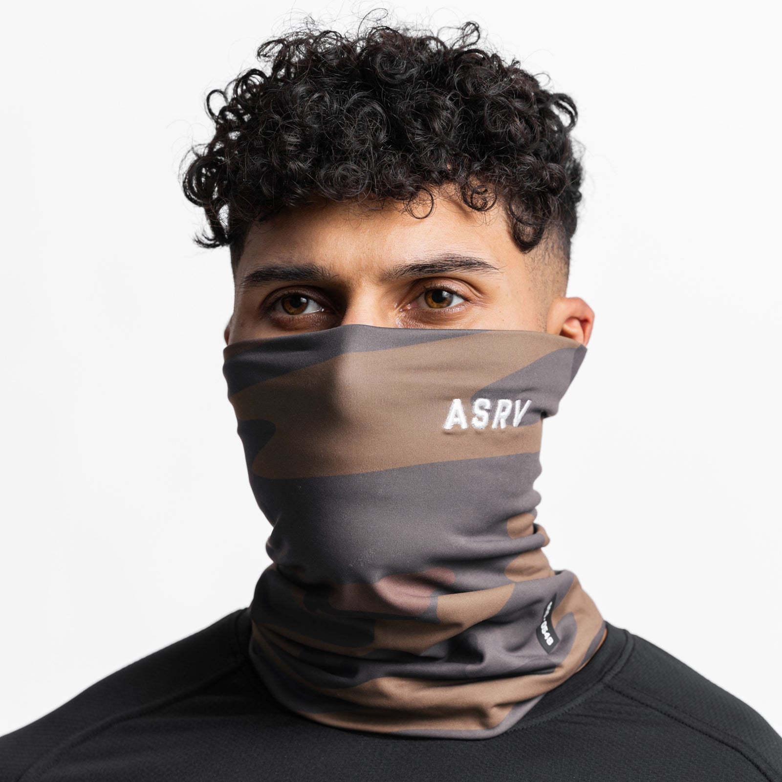 Thermal Gaiter in rust camo worn as neck gaiter by model, front view