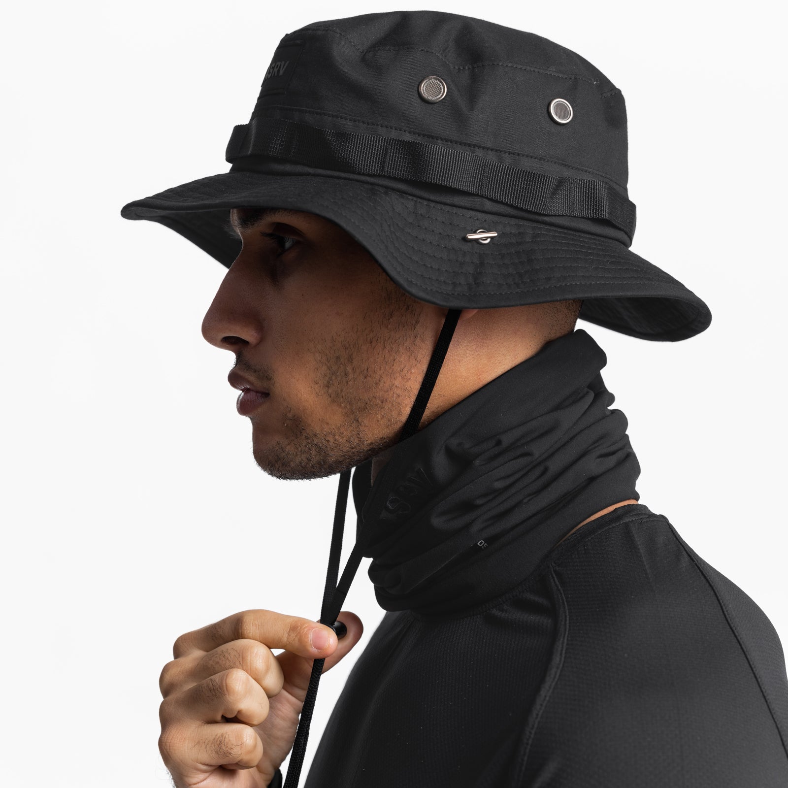 Vented Boonie Hat in black, side profile worn by model