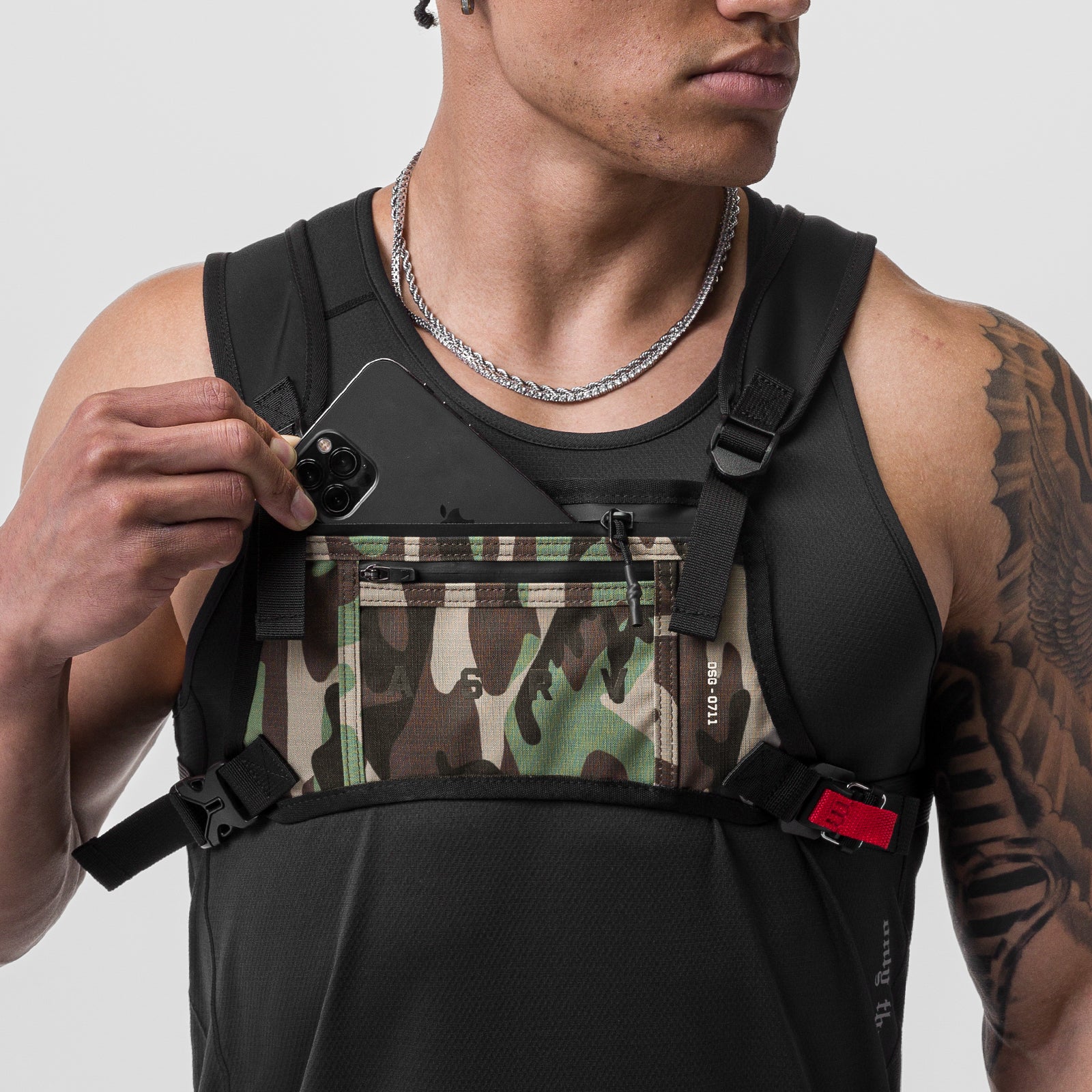 0711 Cordura Lightweight Chest Pack in Woodland Camo, worn by model