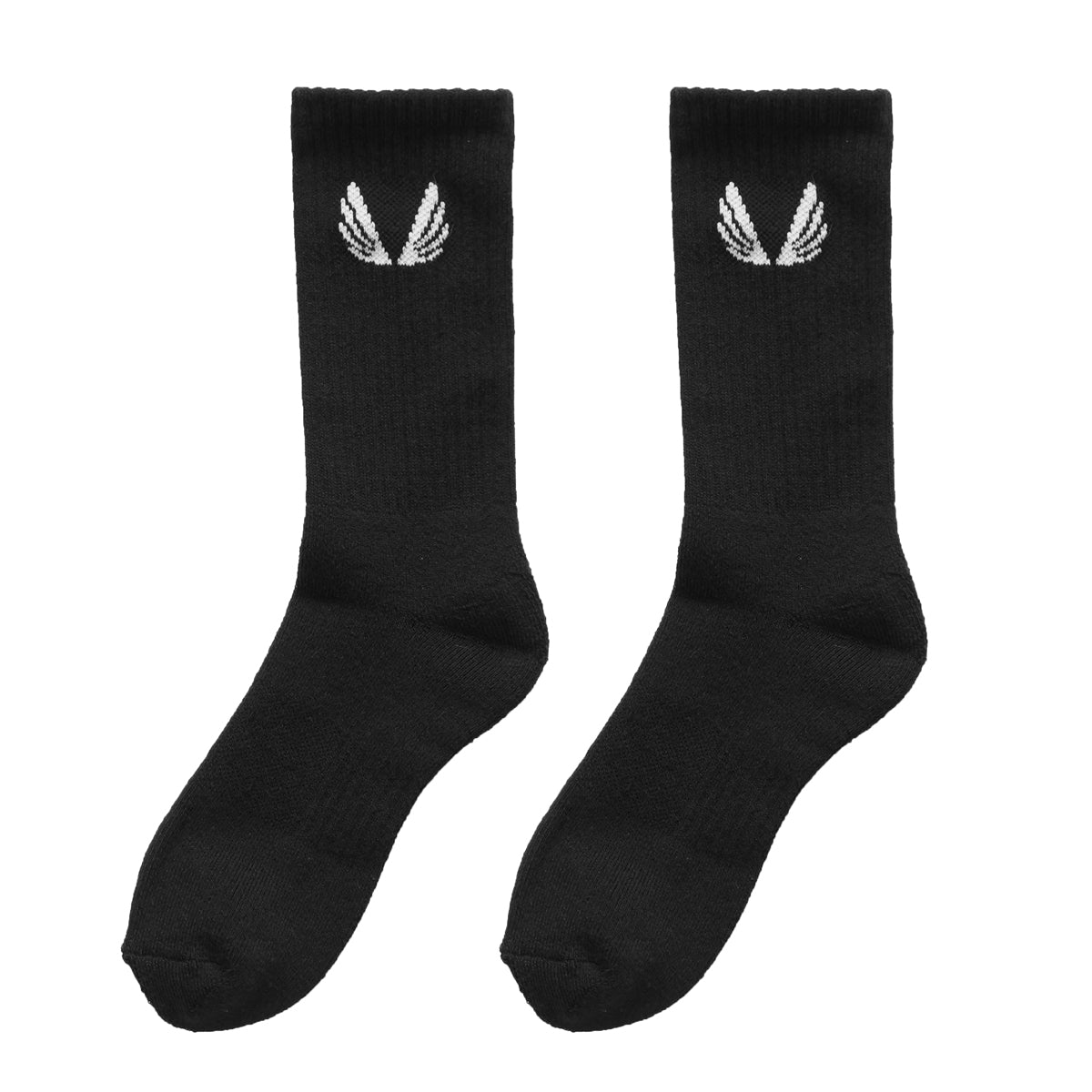 Flatlay of black Essential Crew Socks with white wing logo, pair displayed against white background