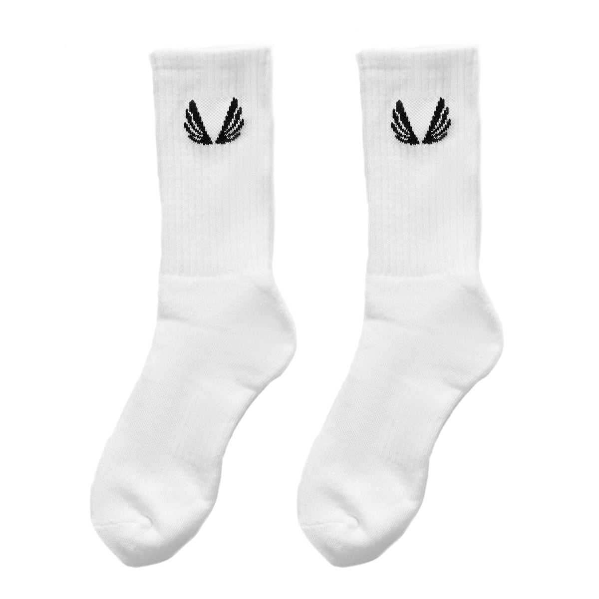 Flatlay of white Essential Crew Socks with black winged logo, displayed as pair